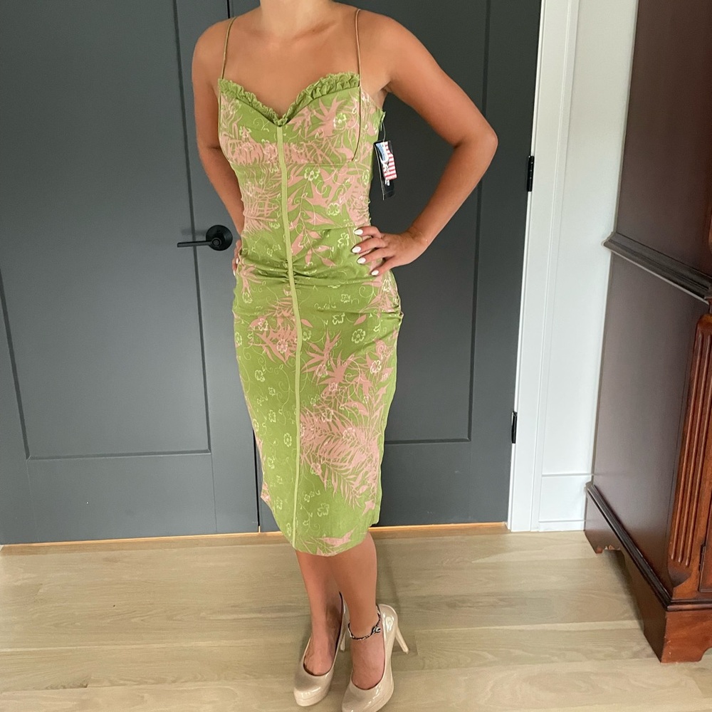 Nicole Miller Size 2 Silk dress Green w/ pink